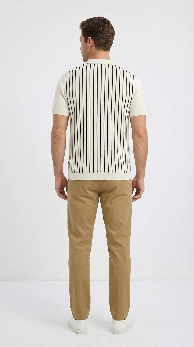 Mens Cream and Tan Striped Walking Suit Set – Casual Summer Short Sleeve Shirt and Pants Outfit for Vacation, Travel and Everyday Wear