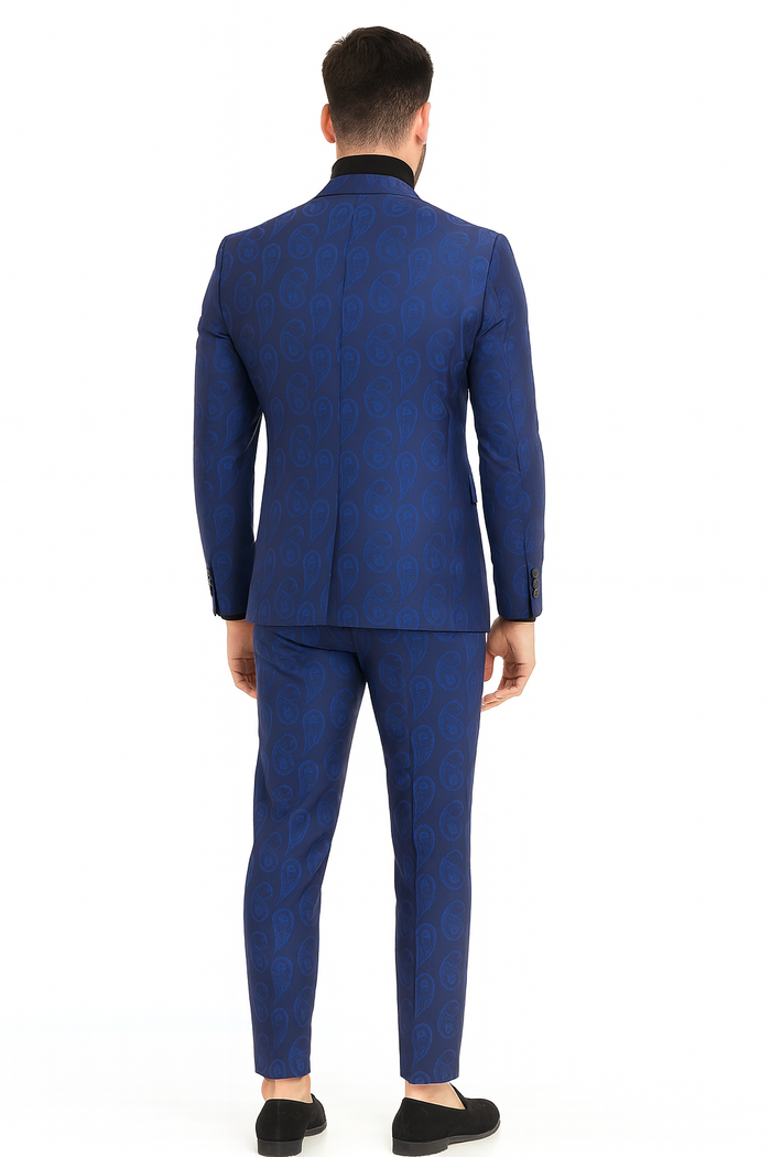 Men’s Sapphire Blue Paisley 3-Piece Suit - Slim Fit Designer Tuxedo Set for Weddings and Formal Events in Cobalt Blue Color by USA Men's Outlet