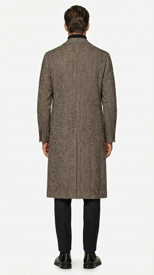 Men’s Black & Grey Herringbone Tweed Wool Blend Overcoat - Classic Single-Breasted Winter Blazer Carcoat by USA Men's Outlet