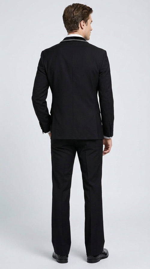 Men’s 1970s Style Black Boot Cut Tuxedo Suit – Shawl Lapel Wedding, Prom and Formal 2-Piece Suit