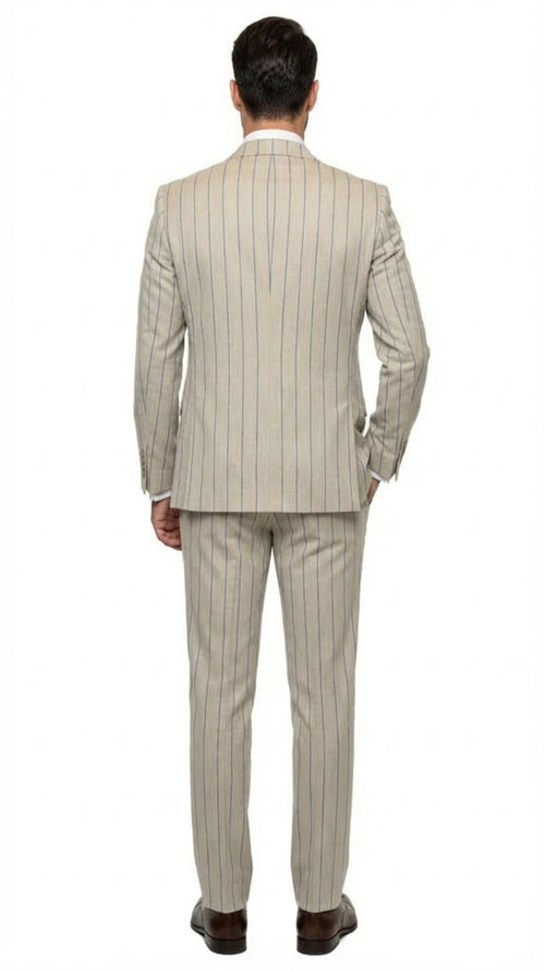 Men's Beige with blue Pinstripe Three-Piece Suit with Vest by Rossiman Vested Peak Lapel in Tan Stripe 1920s style by USA Men's Outlet