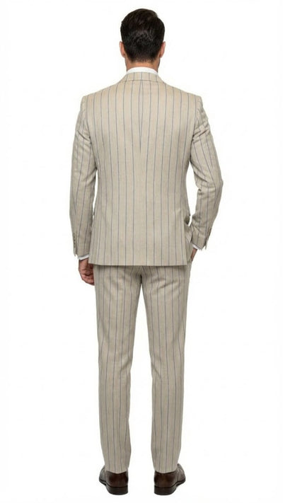 Men's Beige with blue Pinstripe Three-Piece Suit with Vest by Rossiman Vested Peak Lapel in Tan Stripe 1920s style by USA Men's Outlet
