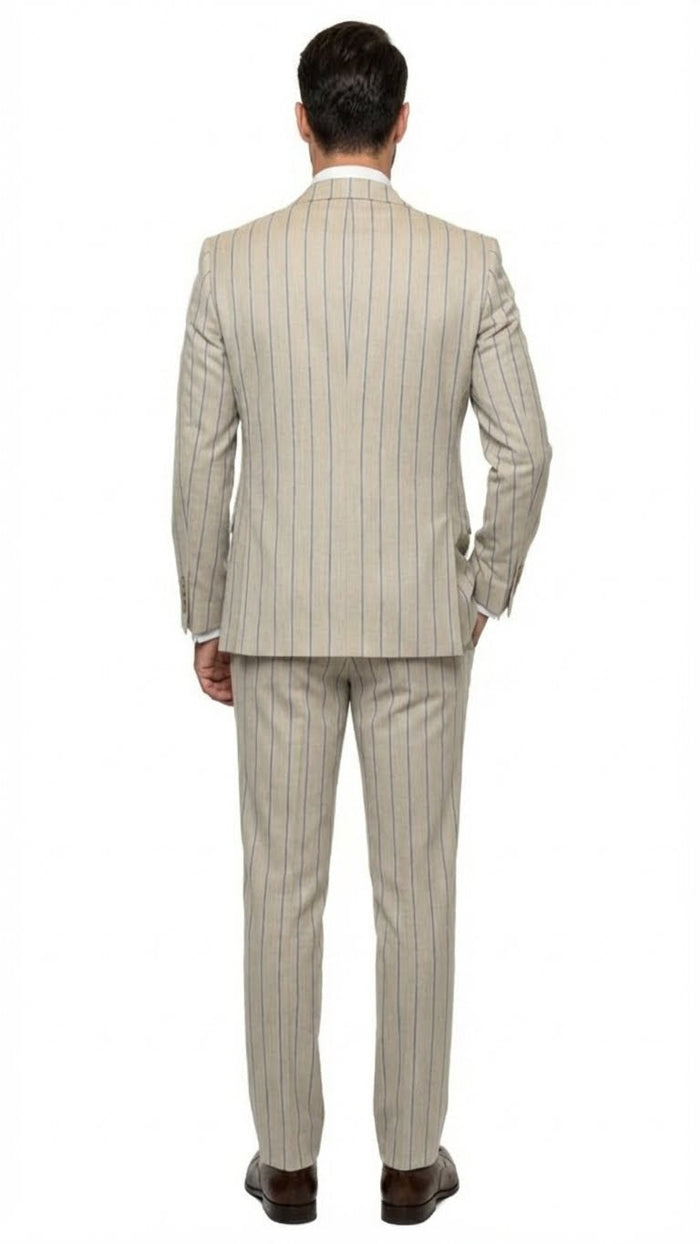 Men's Beige with blue Pinstripe Three-Piece Suit with Vest by Rossiman Vested Peak Lapel in Tan Stripe 1920s style by USA Men's Outlet