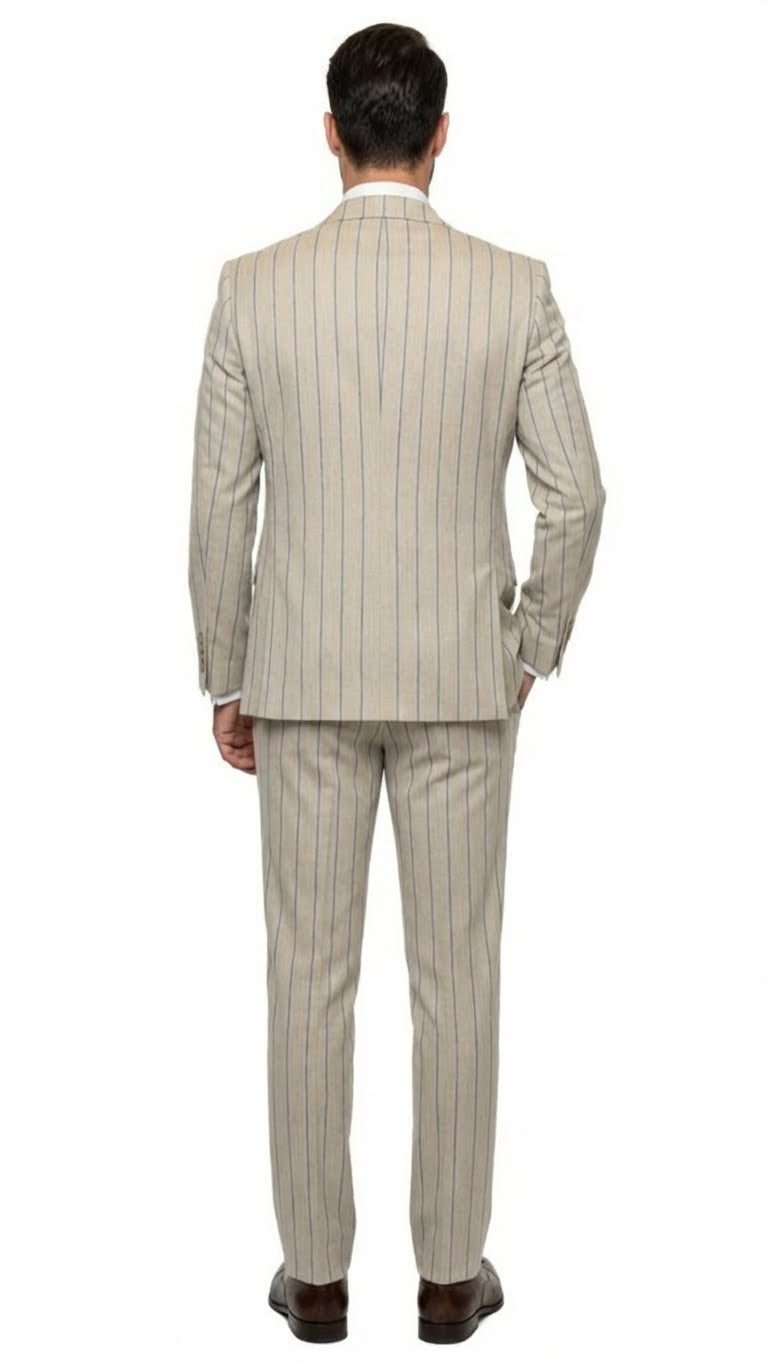 Men's Beige with blue Pinstripe Three-Piece Suit with Vest by Rossiman Vested Peak Lapel in Tan Stripe 1920s style by USA Men's Outlet