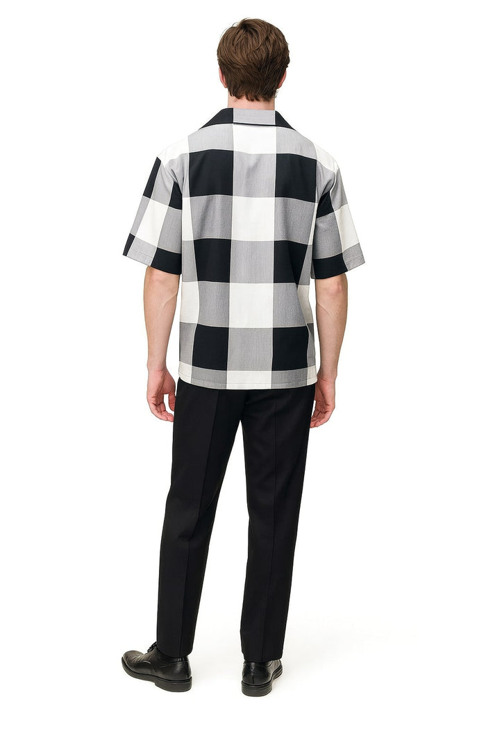 Mens Black and White Checkered Short Sleeve Shirt Set - Casual Two-Piece Summer Outfit by USA Men's Outlet