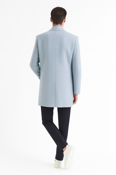 Mens Light Blue Wool Overcoat – Modern Long Coat with Classic Tailored Fit in Sky Blue