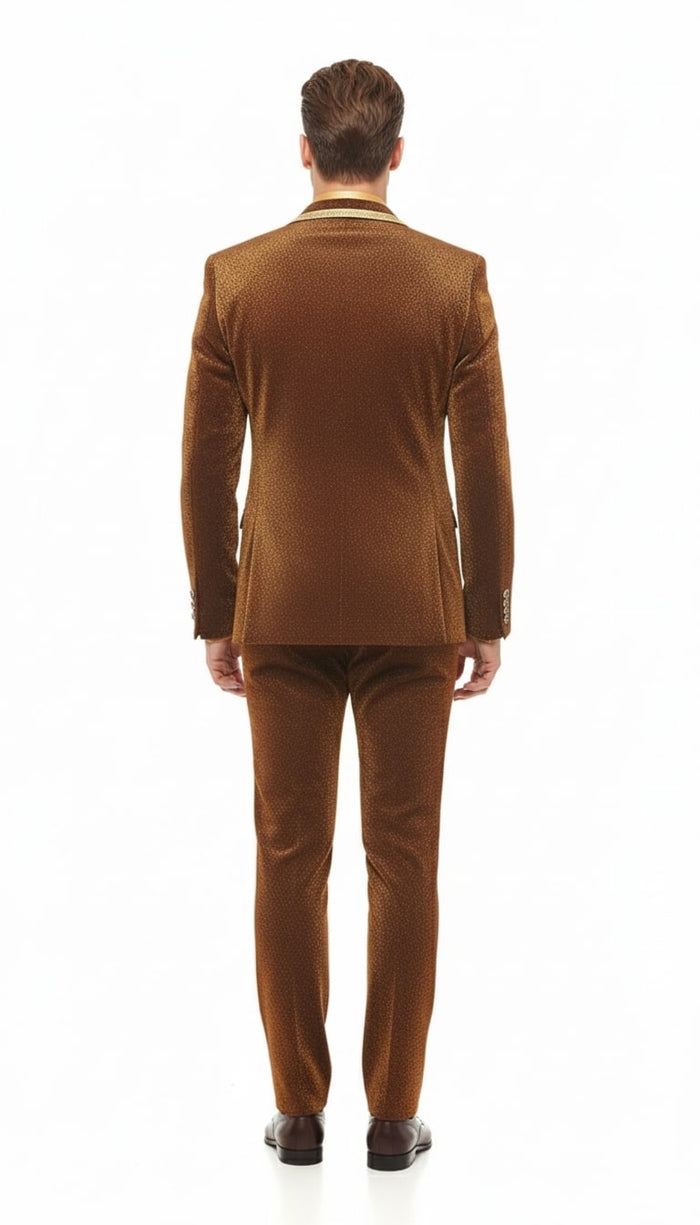 Mens Bronze Shiny Velvet Suit - Designer Party and Wedding Wear Blazer and Pant Set Brown and Gold Tuxedo by USA Men's Outlet