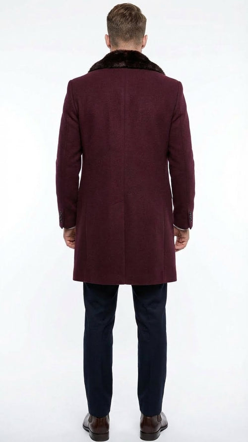 Men’s Burgundy Three Quarter Coat with Faux Fur Collar Overcoat – Luxury Winter Outerwear Three Quarter Carcoat Topcoat