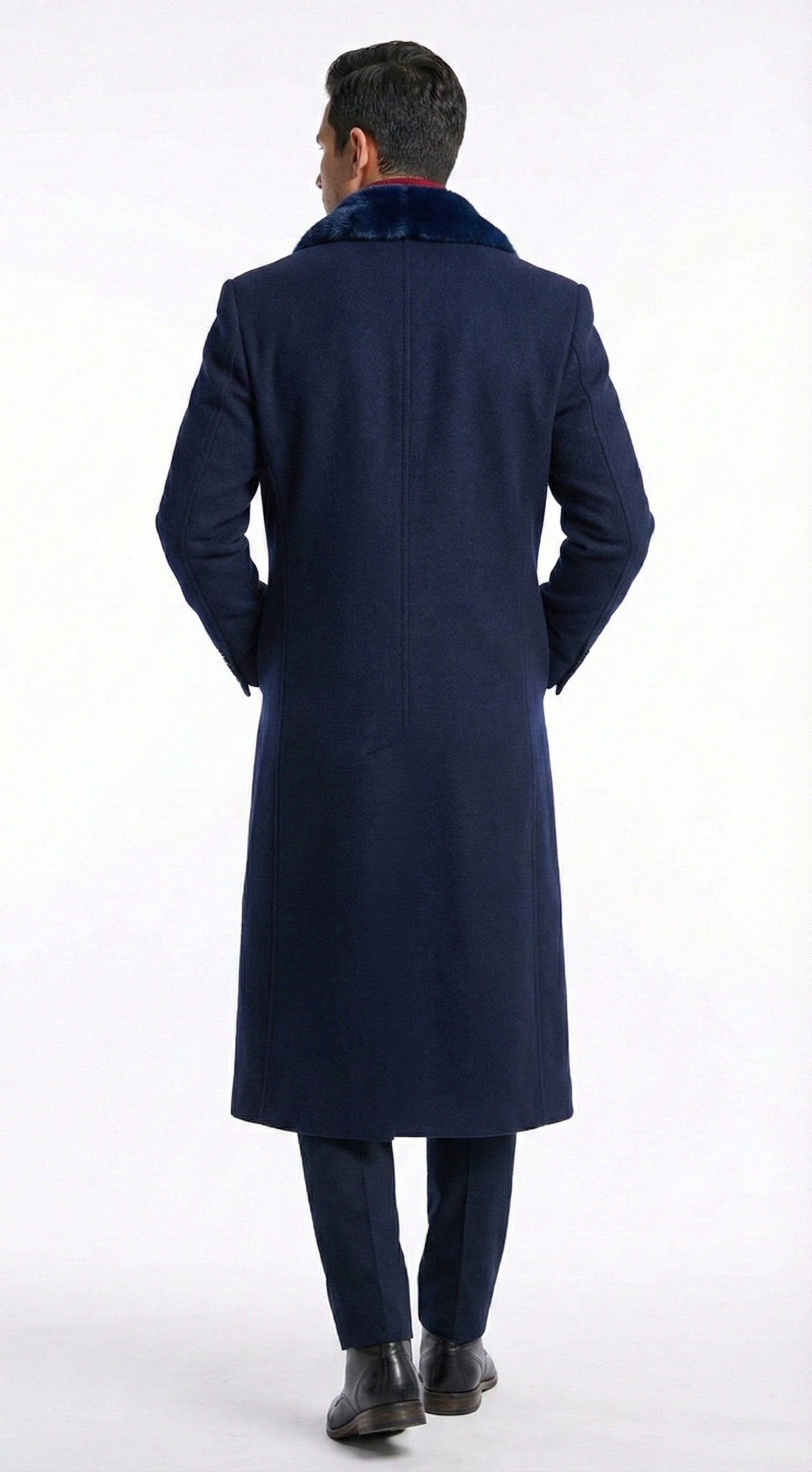 Men’s Dark Navy Blue Long Overcoat with Faux Fur Collar, Classic Winter Dress Coat for Formal