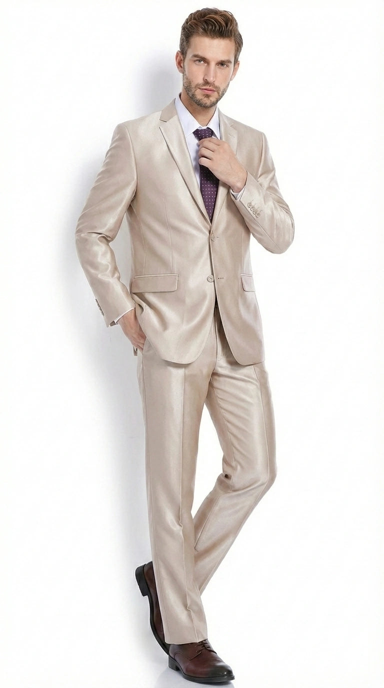 Men’s Champagne Tan Sharkskin 2 Button Suit – Shiny Formal Suit with Optional Vest for Wedding, Prom, Business Beige Color