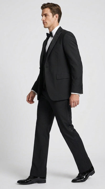 Men’s Black Boot Cut 3-Piece Tuxedo Suit – Peak Lapel Wedding, Prom and Formal Suit 1970s Style