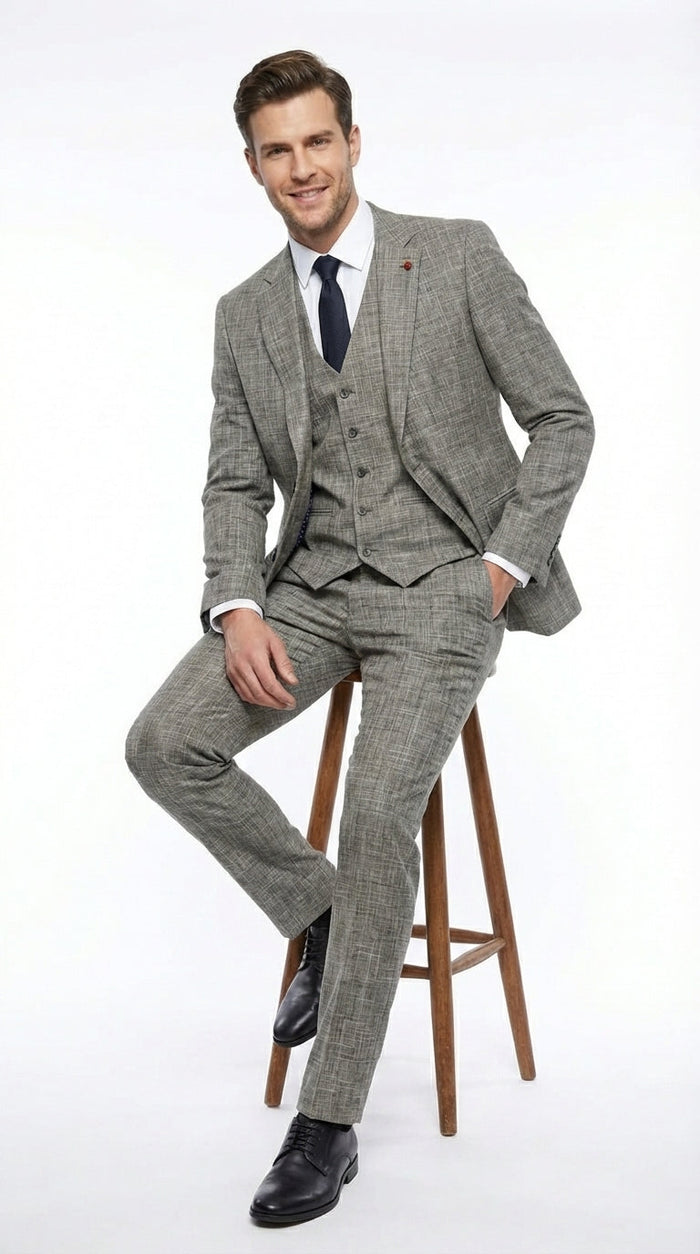 Vitali Brand Men’s Grey Textured Patterned 3 Piece Suit – Modern Fit Checkered Sharkskin with Blazer, Vest & Trousers, Business Wedding