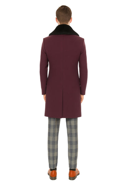 Mens Purple Wool Overcoat with Black Faux Fur Collar - Luxury Winter Dress Coat for Formal and Casual Wear by USA Men's Outlet