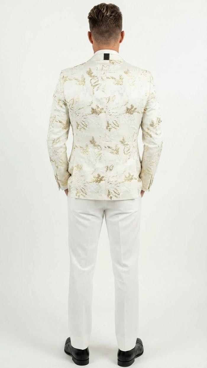 Men’s White and Gold Patterned Blazer - Paisley Floral Pattern Prom Wedding Suit Tuxedo Dinner Jacket + Bowtie by USA Men's Outlet