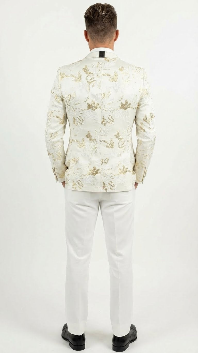 Men’s White and Gold Patterned Blazer - Paisley Floral Pattern Prom Wedding Suit Tuxedo Dinner Jacket + Bowtie by USA Men's Outlet