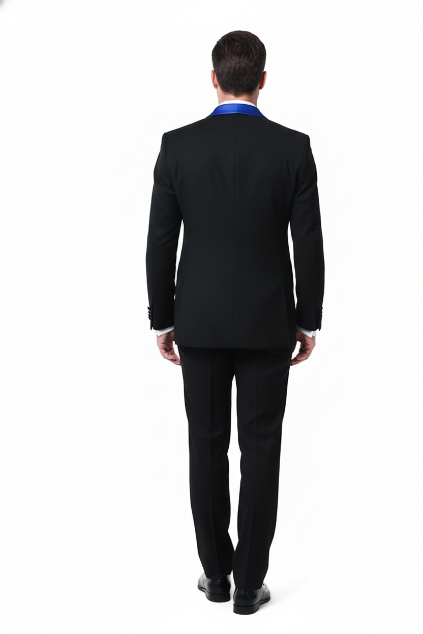 Men’s Black Tuxedo with Royal Blue Shawl Lapel - Modern Formal Dinner Jacket Suit + Pants for Weddings, Proms by USA Men's Outlet