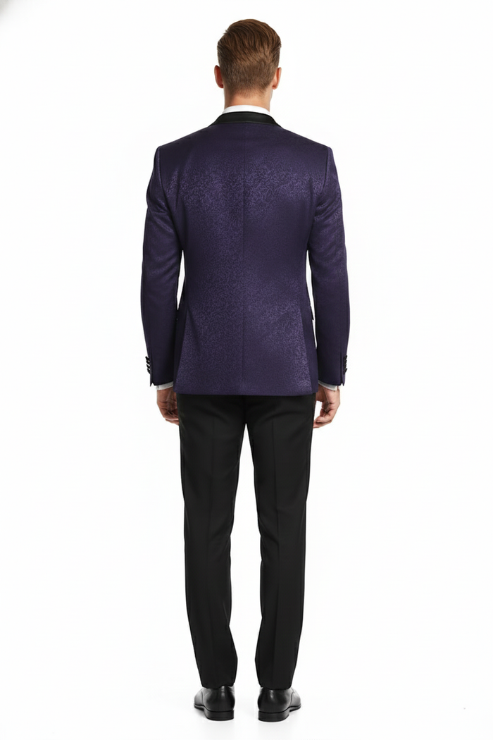 Men’s Purple Paisley Tuxedo Jacket - Ultra Slim Fit Dinner Blazer with Black Satin Peak Lapel by USA Men's Outlet