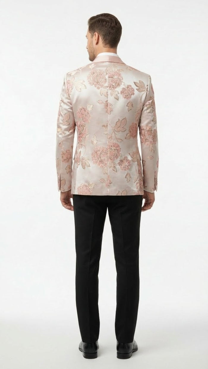 Men’s Pink Blush Floral Jacquard Blazer with Embellished Shawl Lapel - Luxury Party and Wedding Wear Jacket by USA Men's Outlet