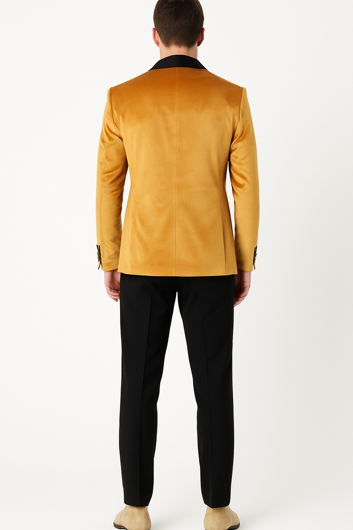 Men’s Mustard Gold Velvet Tuxedo Jacket - Slim Fit Dinner Blazer with Black Satin Shawl Lapel + Free Black Pants & Bowtie by USA Men's Outlet
