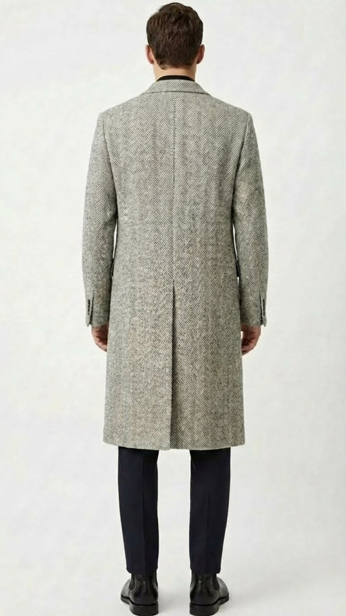 Men’s Grey Herringbone Long Overcoat - Tweed Black and White Pattern Wool Topcoat Three Qaurter USA Men's Outlet