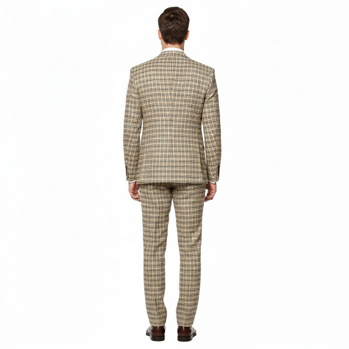 Men’s Beige and Navy Check 3-Piece Suit Set – Premium Tailored Fit Formal Wedding and Business Suit By Rossiman