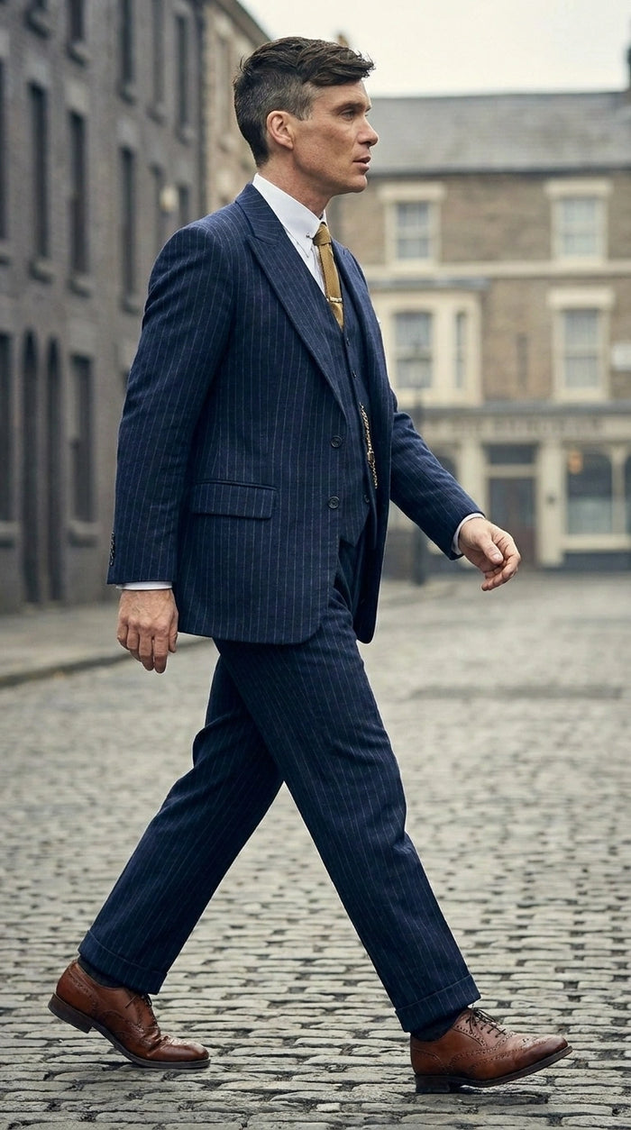 Men’s Navy Blue Pinstripe 3 Piece Suit, Thomas Shelby Inspired Vintage Formal Suit for Weddings, Parties, Prom, and Special Events