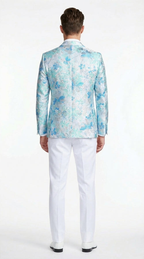 Men’s Light Blue Floral Jacquard Tuxedo Jacket with Matching Bow Tie | Formal Prom Wedding Blazer + Bowtie Turqoise Aqua Color