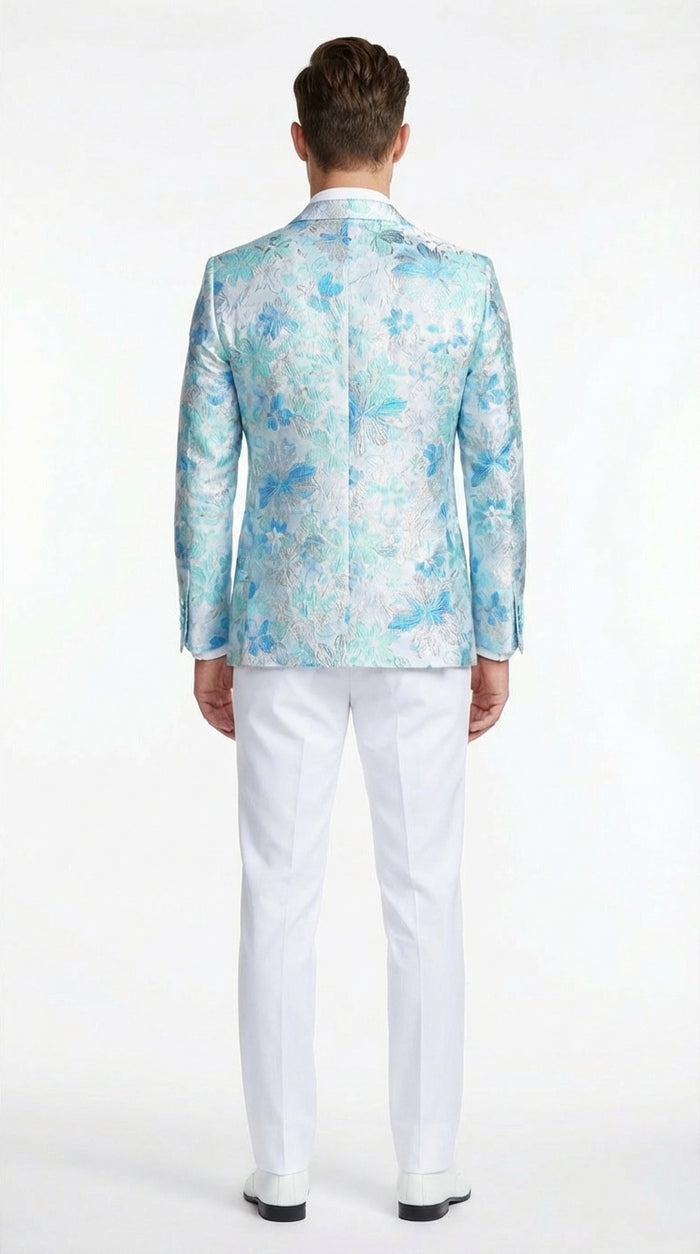 Men’s Light Blue Floral Jacquard Tuxedo Jacket with Matching Bow Tie | Formal Prom Wedding Blazer + Bowtie Turqoise Aqua Color
