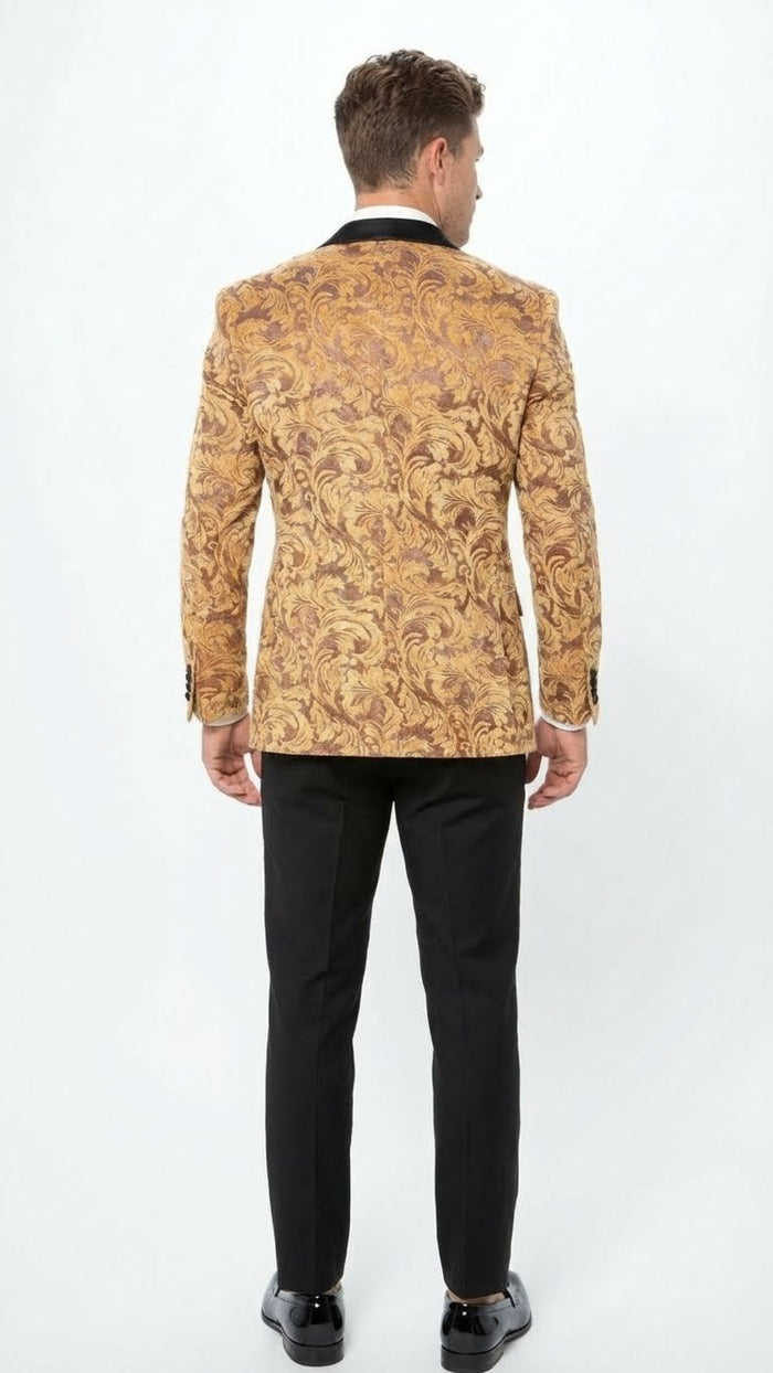 Men’s Yellow Gold Baroque Pattern Tuxedo Blazer Suit - Party and Wedding Jacket Prom Paisley Black Pants USA Men's Outlet