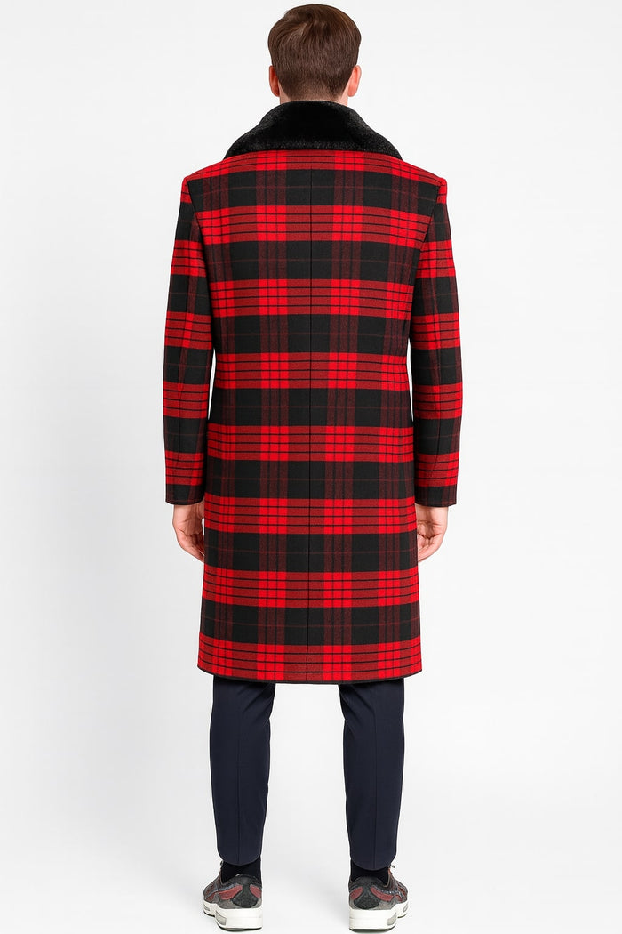 Mens Red and Black Plaid Wool Overcoat with Black Faux Fur Shawl Collar - Double-Breasted Winter Coat - Tartan Design by USA Men's Outlet