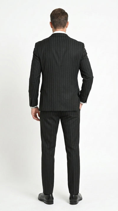 Men’s Black Tonal Shadow Pinstripe Vested Suit – 3 Piece Classic Fit Formal Wedding & Business Suit By Vitali