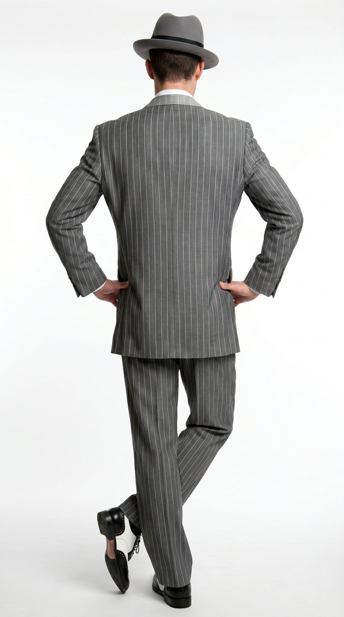 Men’s Grey Pinstripe 1920s Gangster 3 Piece Suit, Contrast Lapel Vintage Formal Suit for Parties, Prom, Weddings, and Theme Events