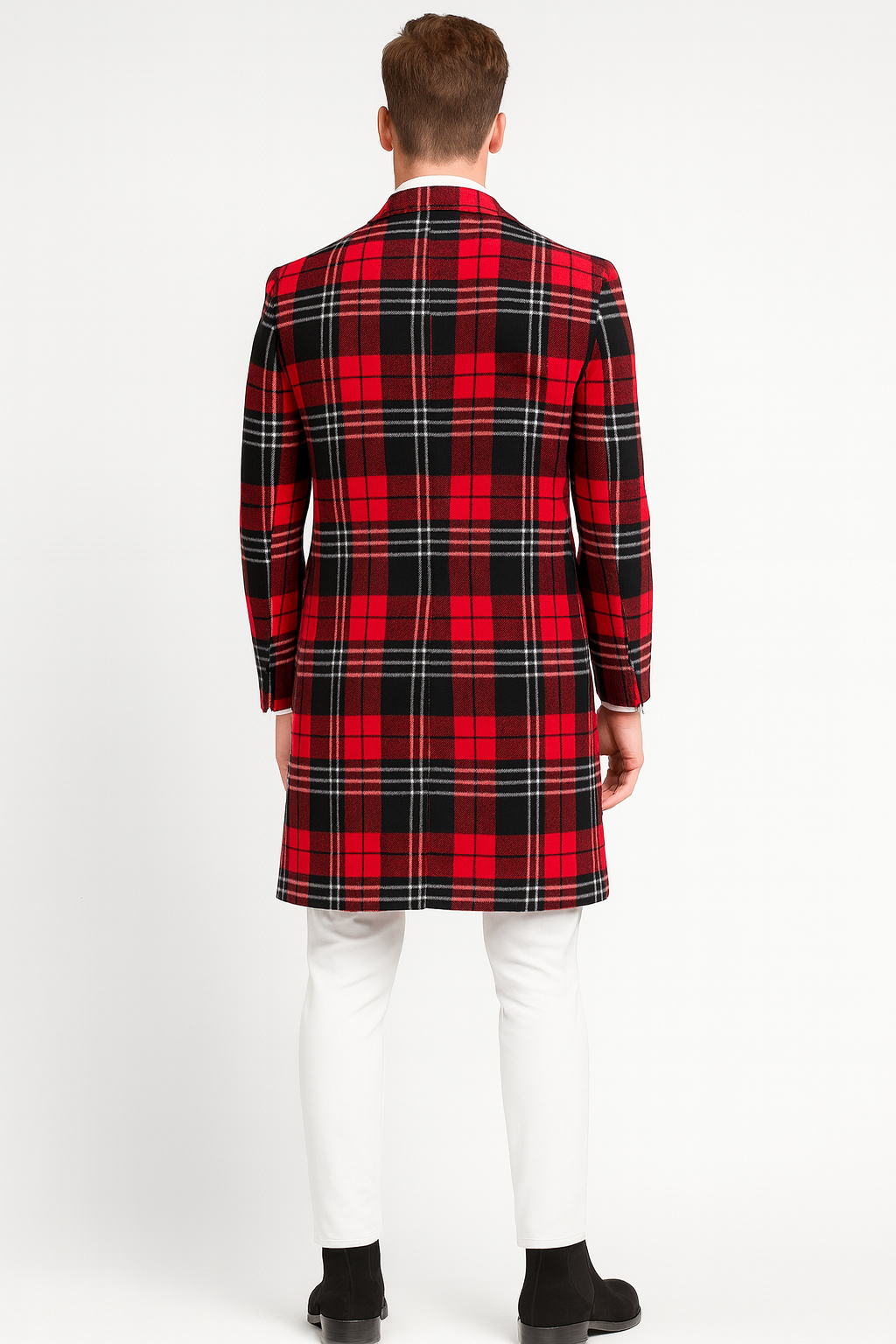 Men’s Red Plaid Wool Overcoat - Classic Tartan Check Long Coat for Stylish Winter Wear by USA Men's Outlet
