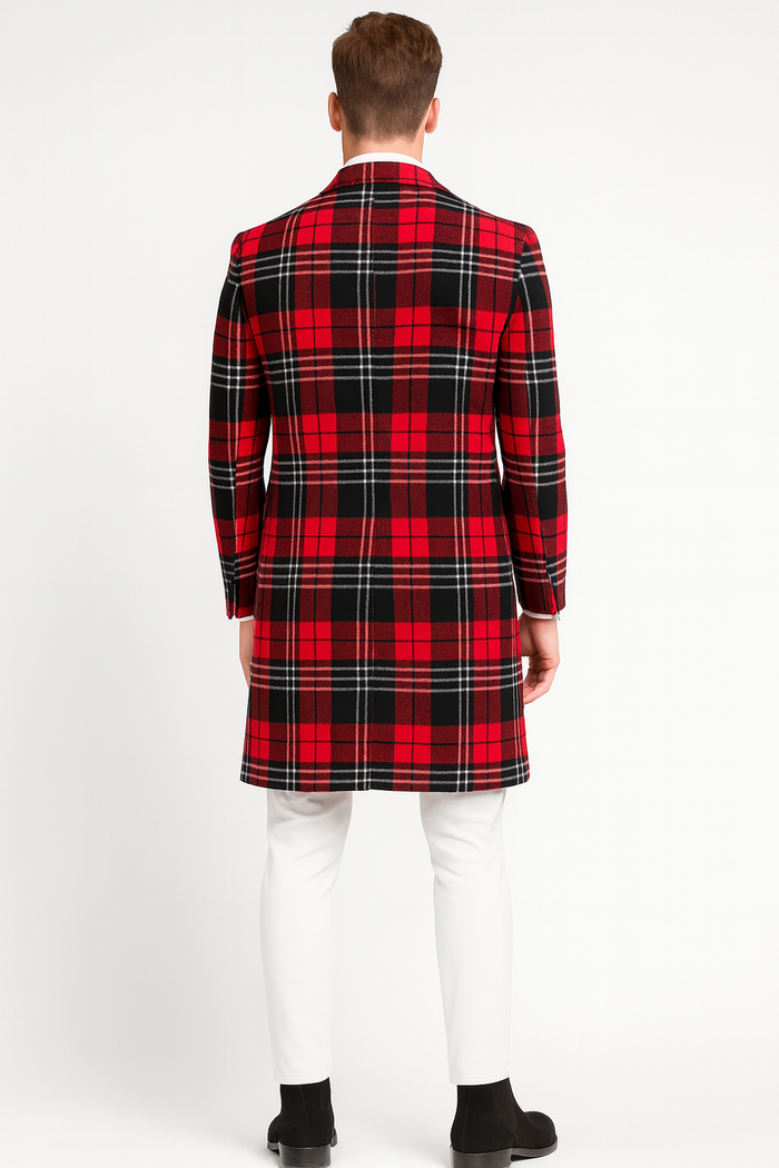 Men’s Red Plaid Wool Overcoat - Classic Tartan Check Long Coat for Stylish Winter Wear by USA Men's Outlet