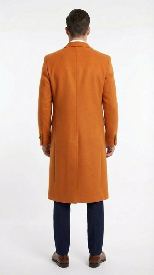 Men’s Orange - Rust Wool Blend Long Overcoat - Topcoat Carcoat Topcoat by USA Men's Outlet