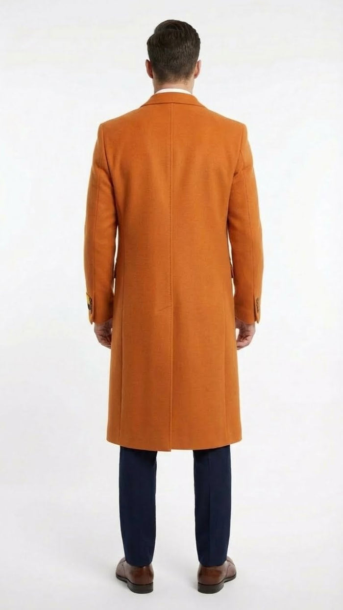 Men’s Orange - Rust Wool Blend Long Overcoat - Topcoat Carcoat Topcoat by USA Men's Outlet