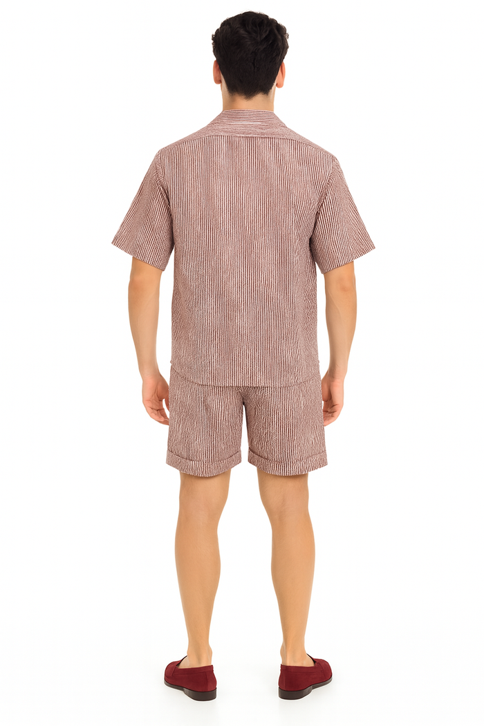 Men’s Burgundy Reddish Seersucker Short Set Walking Suit - Two-Piece Cuffed Shorts with Expandable Waist by USA Men's Outlet