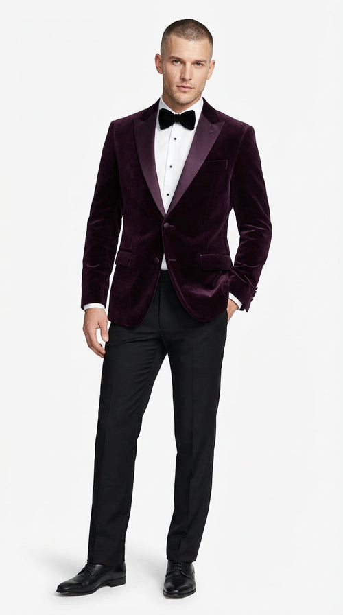 Mens Plum Eggplant Velvet Blazer Jacket – Luxury Velvet Dinner Jacket for Wedding, Tuxedo Events, Formal Parties in Burgundy Color