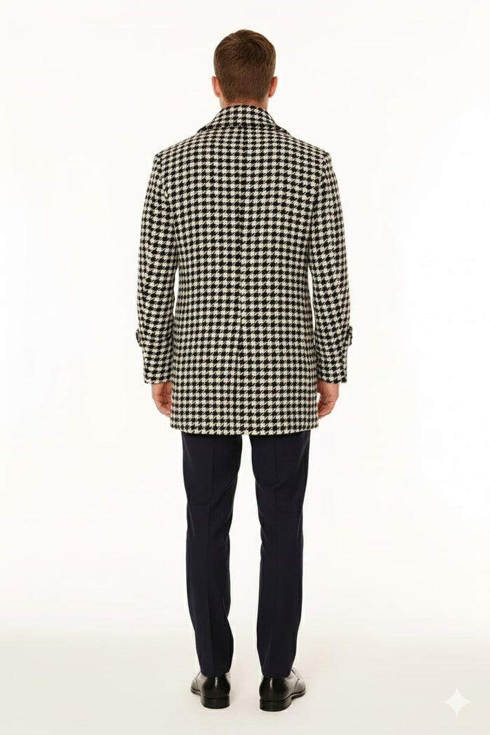 Mens Houndstooth Double-Breasted Overcoats - Classic Black and White Wool Blend Peacoat Wool Fabric by USA Men's Outlet