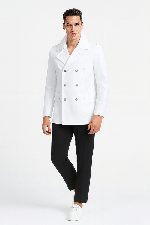 Men’s White Double-Breasted Peacoat Jacket - Classic Stylish Outerwear Wool Fabric Slim Fitted by USA Men's Outlet
