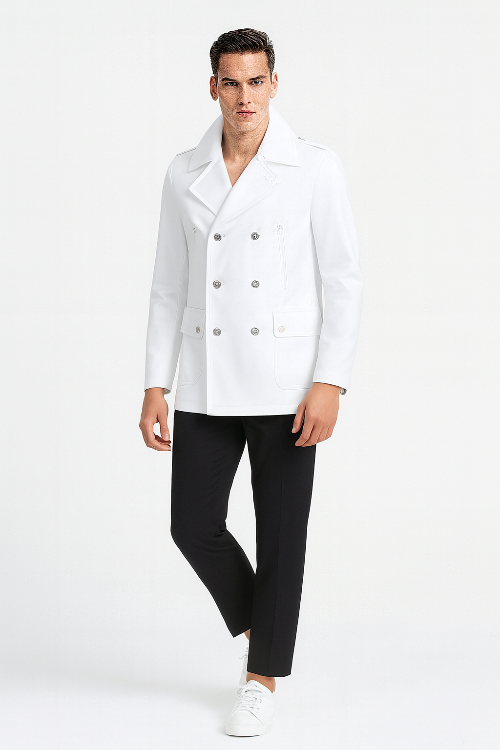 Men’s White Double-Breasted Peacoat Jacket - Classic Stylish Outerwear Wool Fabric Slim Fitted by USA Men's Outlet
