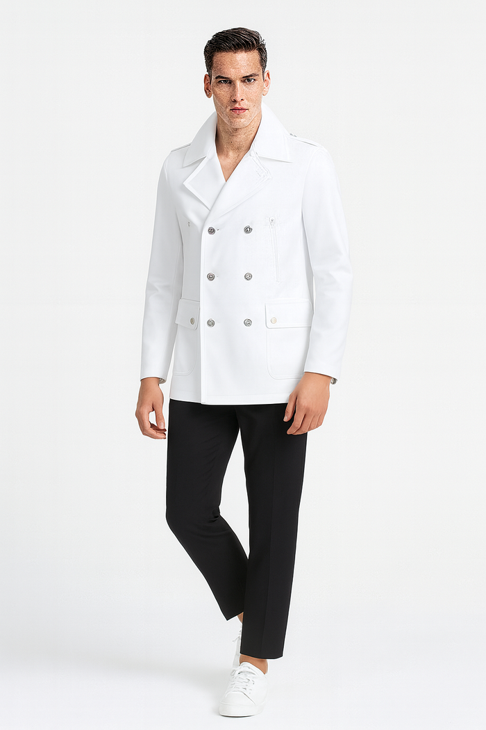 Men’s White Double-Breasted Peacoat Jacket - Classic Stylish Outerwear Wool Fabric Slim Fitted by USA Men's Outlet