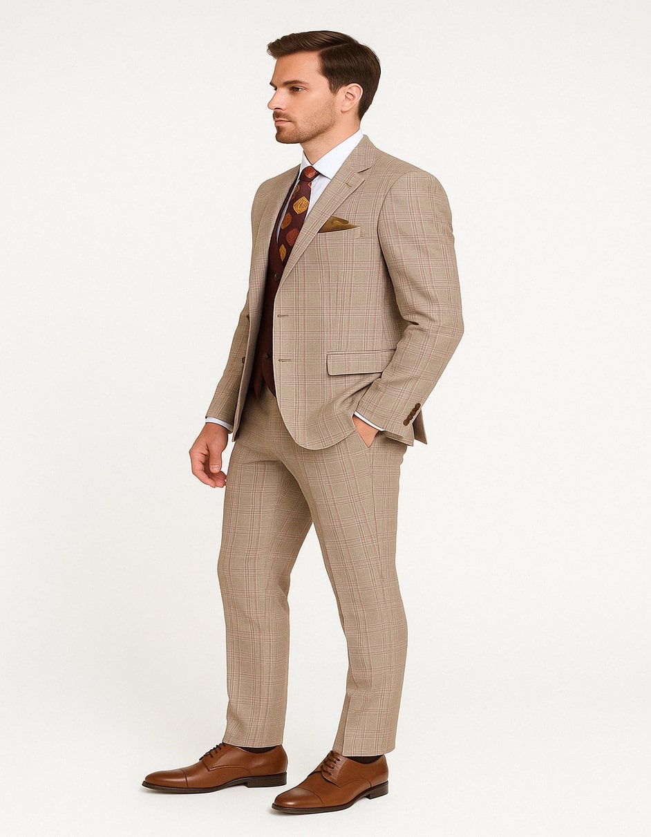 Men's Light Brown Plaid Suit with Burgundy Vest and Colorful Floral Tie – 3 Piece Set - Taupe Windowpane Pattern