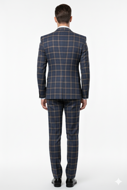 Men’s Navy and Tan Windowpane Double-Breasted Suit - Classic 2-Piece Plaid Dress Suit, Business, and Formal Events By Rossiman USA Men's Outlet