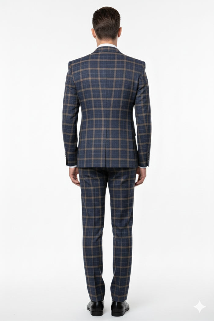 Men’s Navy and Tan Windowpane Double-Breasted Suit - Classic 2-Piece Plaid Dress Suit, Business, and Formal Events By Rossiman USA Men's Outlet