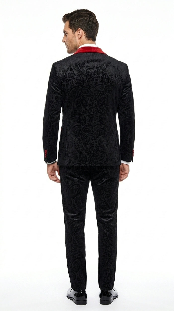Men’s Black Paisley 2 Piece Suit with Red Shawl Lapel, Formal Wedding Prom Party Suit Set