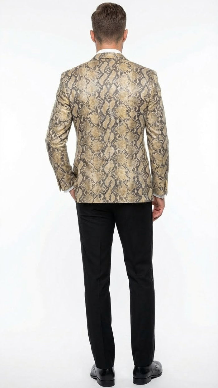 Men’s Beige and Black Snakeskin Print Blazer - Alligator Crocodile Exotic Sking Sport Coat Jacket in Tan Camel Color USA Men's Outlet
