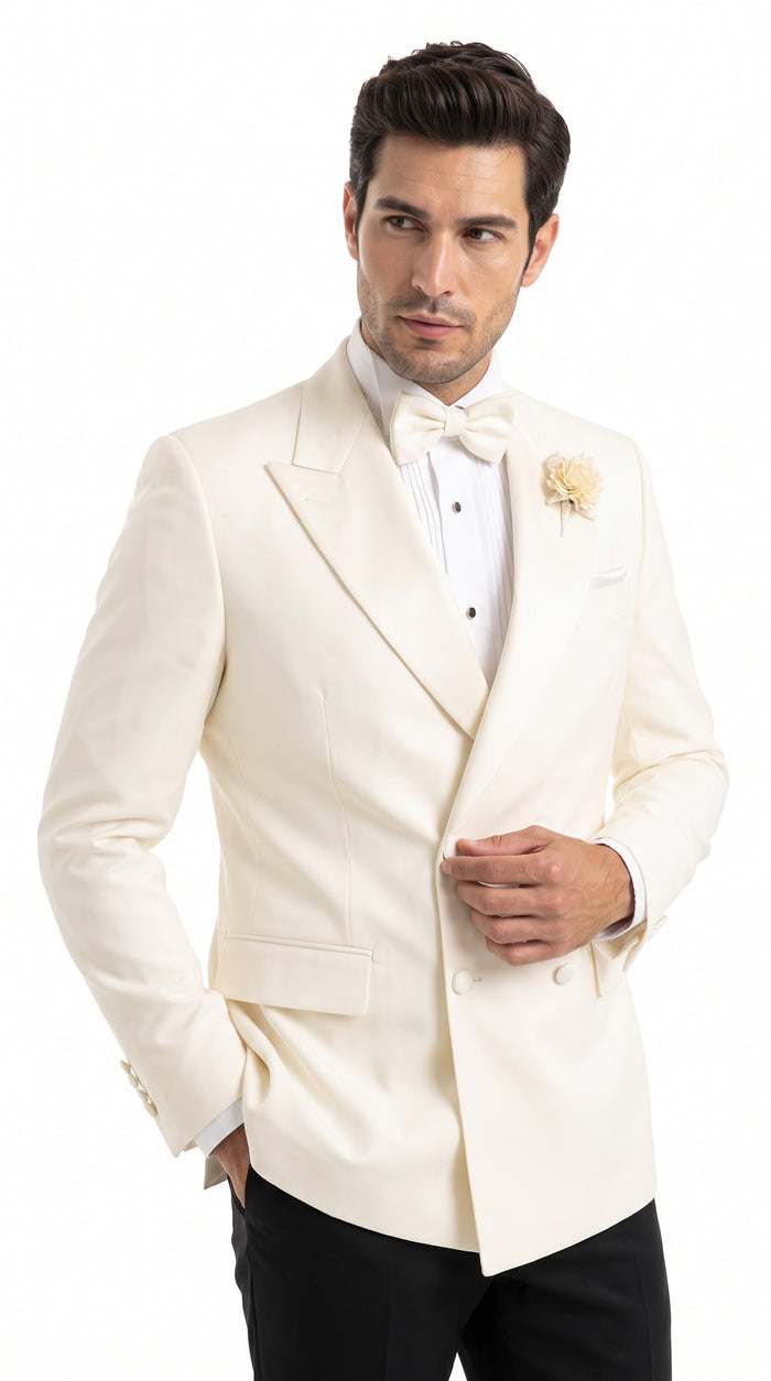 Men’s Ivory Double Breasted Dinner Jacket, Peak Lapel Formal Wedding Prom Tuxedo Blazer in cream off white color