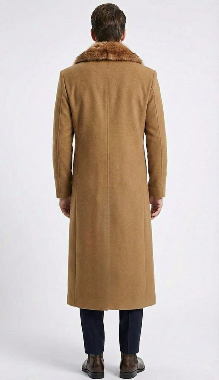 Men's Camel Brown Long Overcoat with Faux Fur Collar, Classic Winter Topcoat for Formal and Business Wear