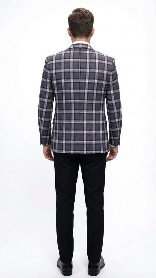 Men’s Big and Tall Charcoal Gray and Black Plaid Blazer – Grey Checker Windowpane Sport Coat